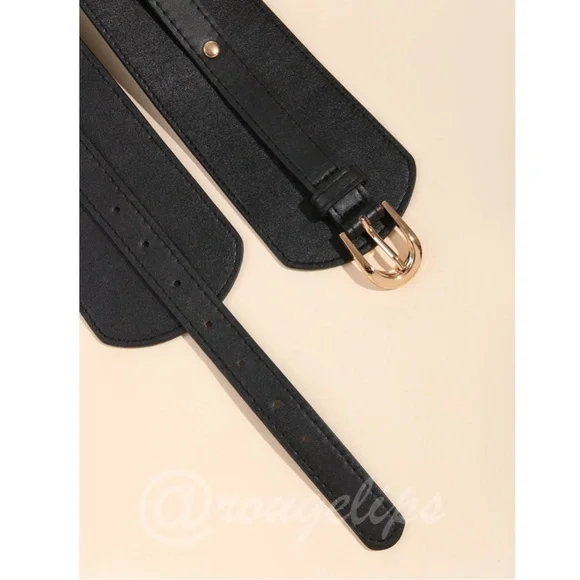 PU Wide Black Belt Gold Tone Buckle - Picture 4 of 7